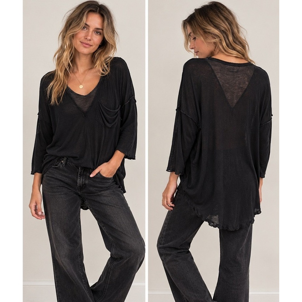 Free People We The Free Black Golden Gate Tee Inside Out Seam V-Neck Top M
